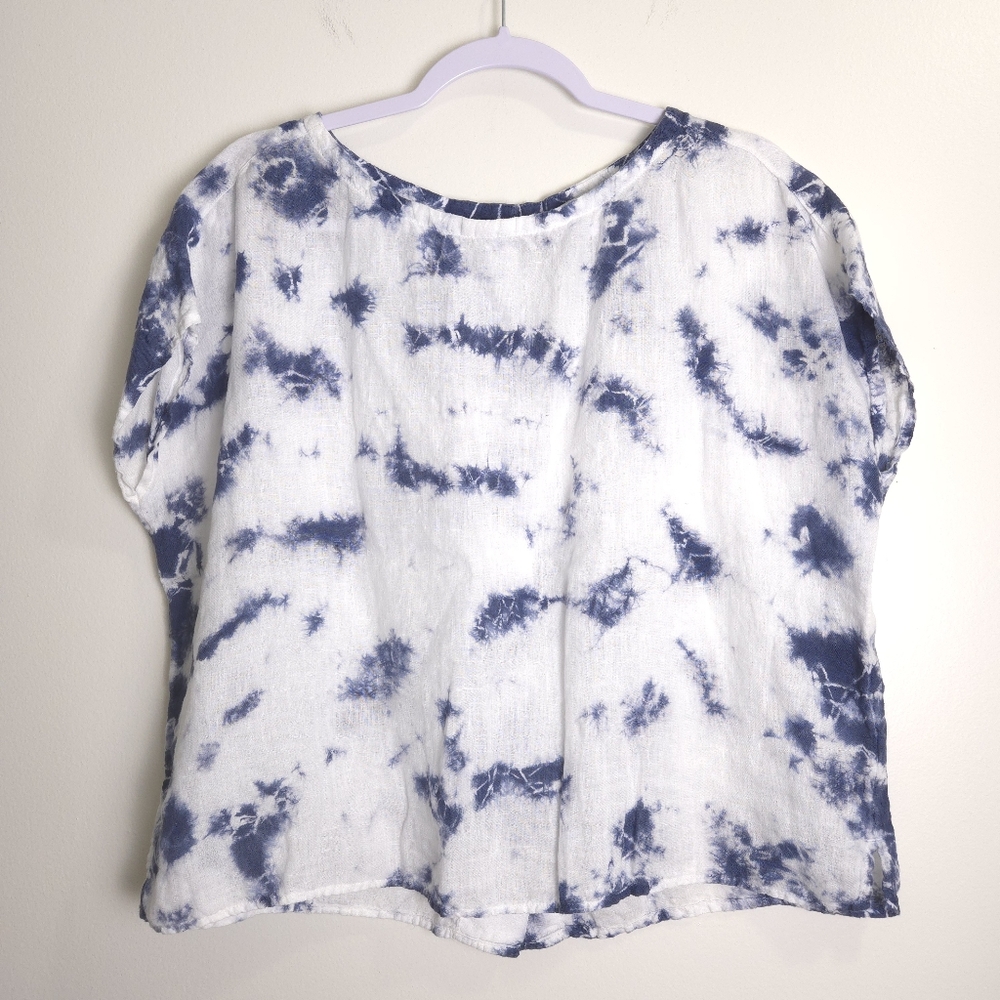RACHEL ZOE 100% Linen Blue White Tie-Dye Oversized Boxy Blouse Top M‎